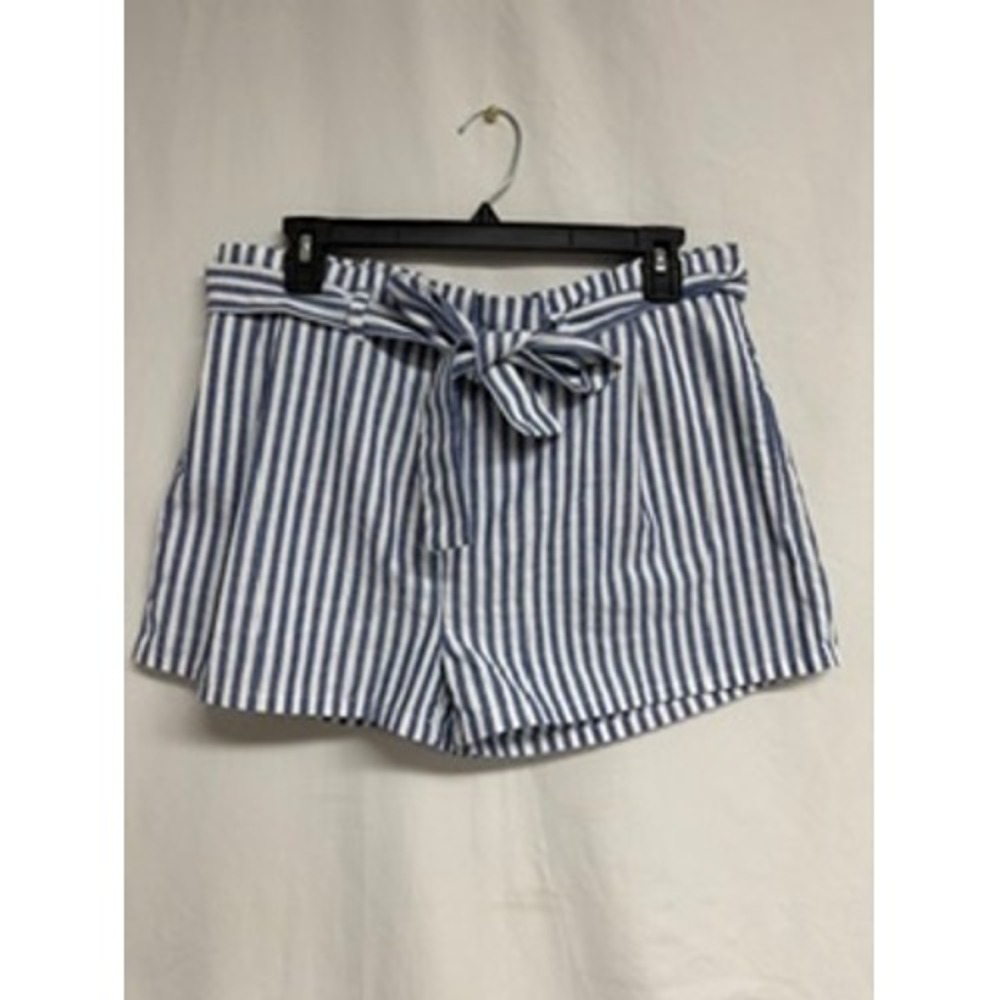 Love Tree Blue White Striped Paperbag Waist Shorts Tie Belt Medium Americana